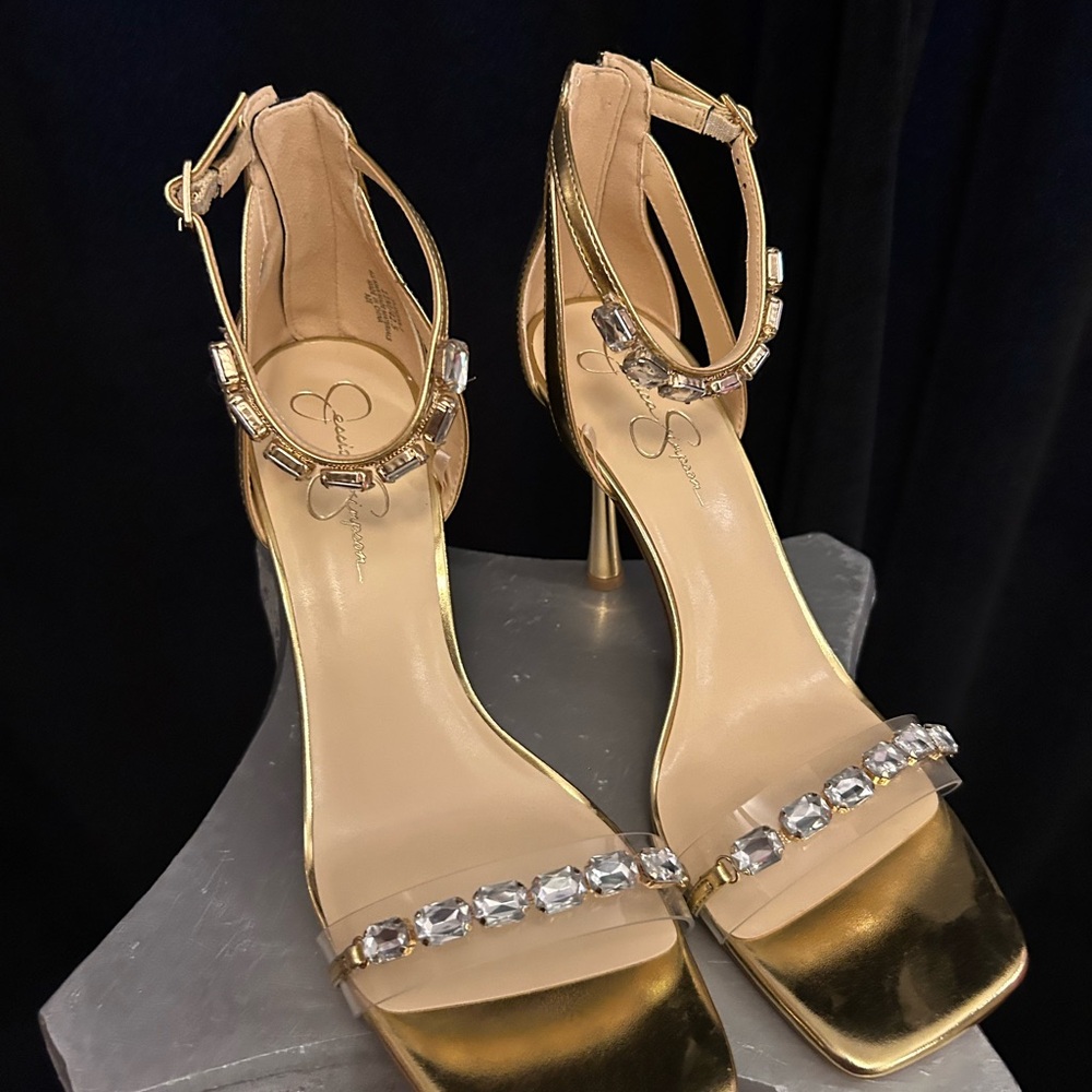 Jessica Simpson Gold Heels with Crystal Accents